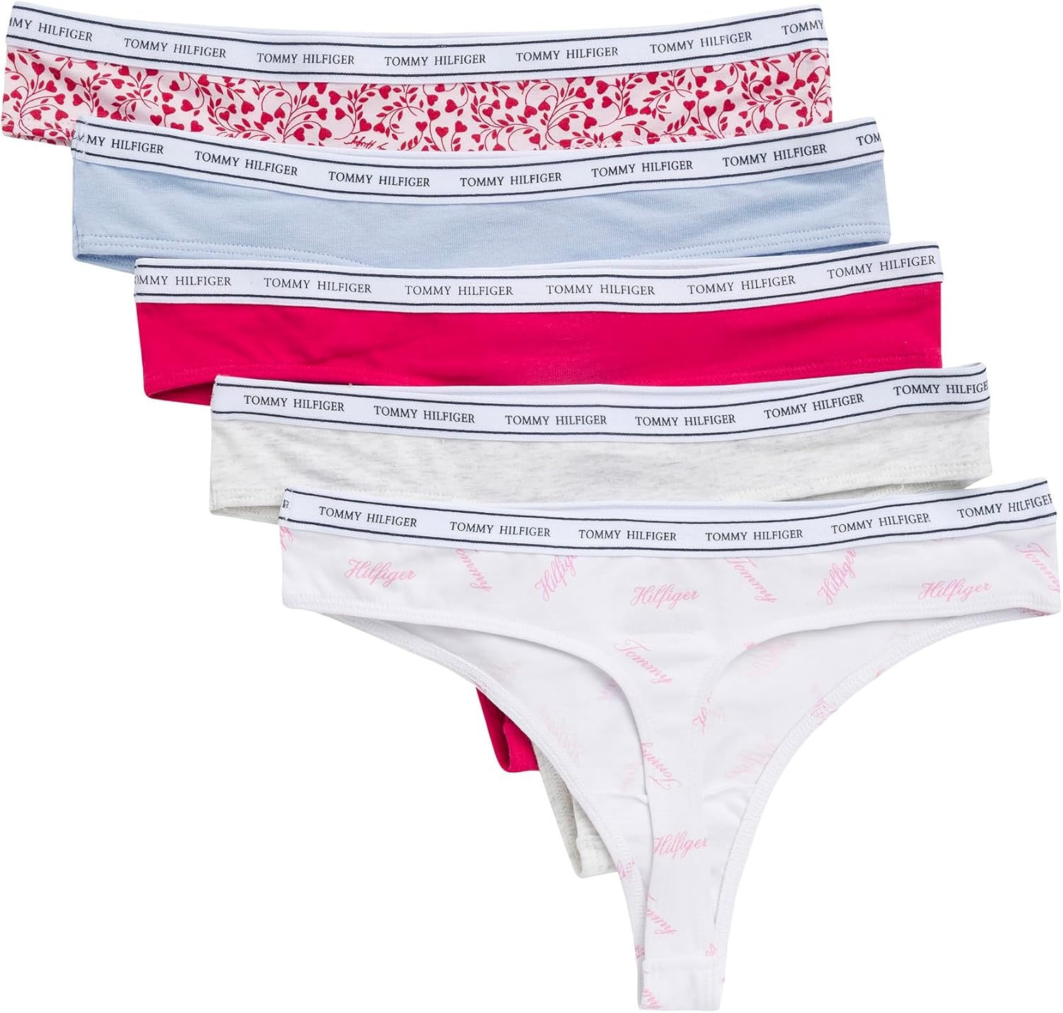 image:imageTommy Hilfiger Womens Classic Cotton Logoband Thong 5packTh Calligraphy WhiteLight Heather GreySweet BlueBarberryTiny Tommy Hearts Cherry Blossom