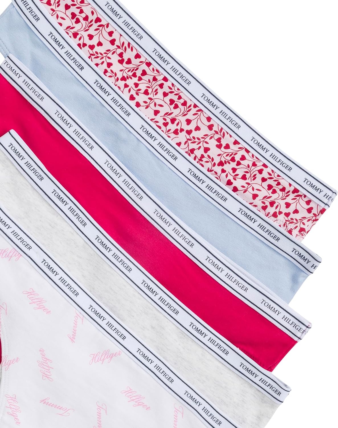 image:imageTommy Hilfiger Womens Classic Cotton Logoband Thong 5packTh Calligraphy WhiteLight Heather GreySweet BlueBarberryTiny Tommy Hearts Cherry Blossom