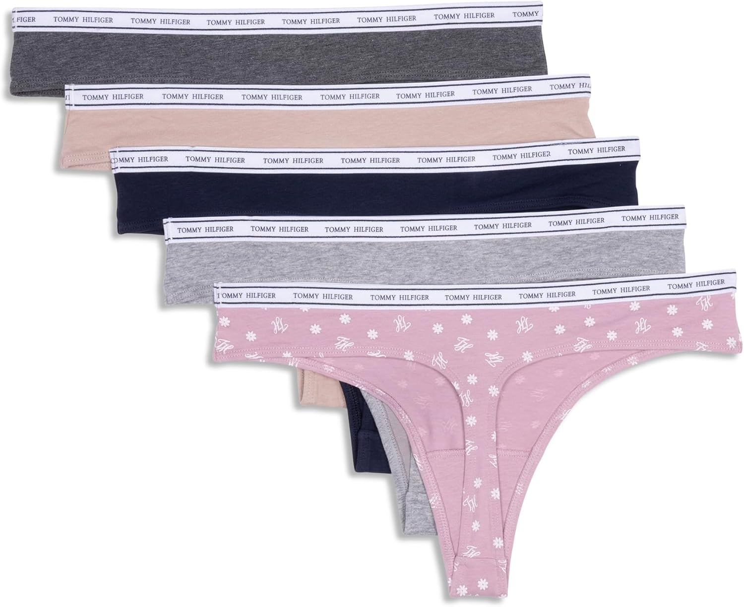 image:imageTommy Hilfiger Womens Classic Cotton Thong Underwear With Logo Waistband 5packDainty Th Daisy Dawn PinkHeather GreySky CaptainBalanced BeigeCharcoal Heather Grey