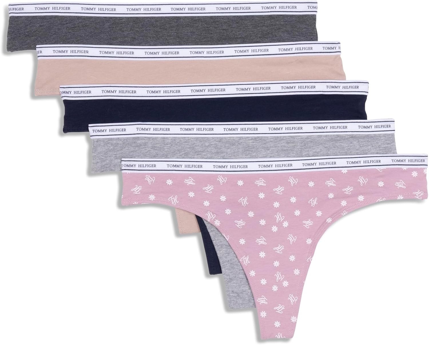 image:imageTommy Hilfiger Womens Classic Cotton Thong Underwear With Logo Waistband 5packDainty Th Daisy Dawn PinkHeather GreySky CaptainBalanced BeigeCharcoal Heather Grey
