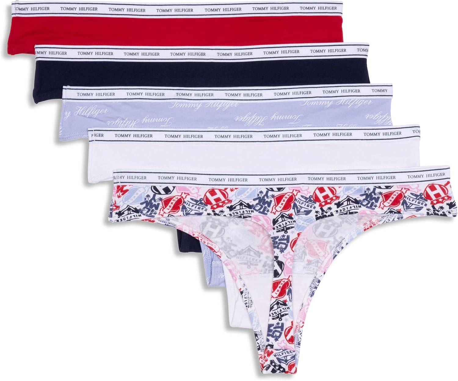 image:imageTommy Hilfiger Womens Classic Cotton Thong Underwear With Logo Waistband 5packTattoo Elements Bright WhiteBright WhiteBrunerra Blue Th CalligraphyHeather GreyApple Red