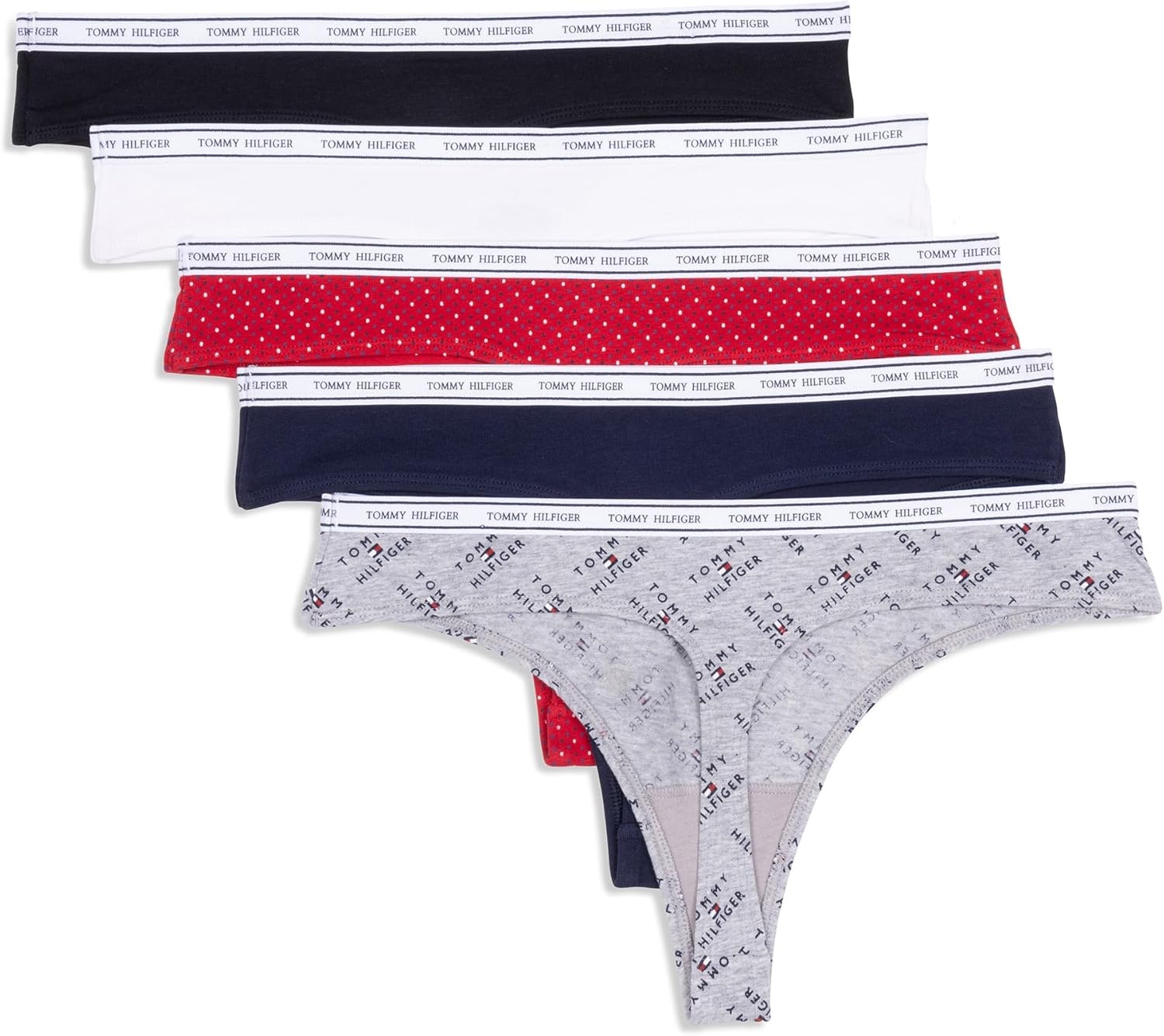 image:imageTommy Hilfiger Womens Classic Cotton Thong Underwear With Logo Waistband 5packTh Flag Stack Heather GreyNavy BlazerSuper Mini Dots Apple RedBright WhiteBlack