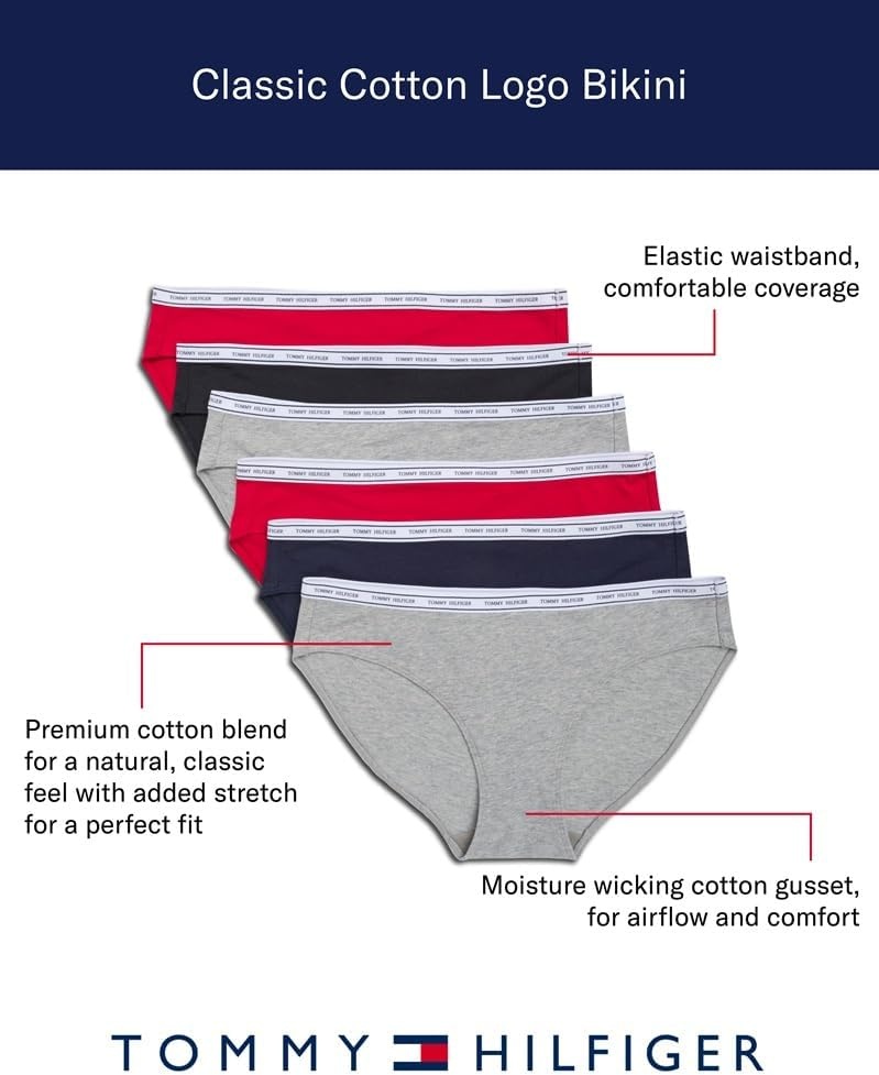 image:imageTommy Hilfiger Womens Cotton Logo Bikini Underwear 6packNavyRedGreyBlackGreyNavy