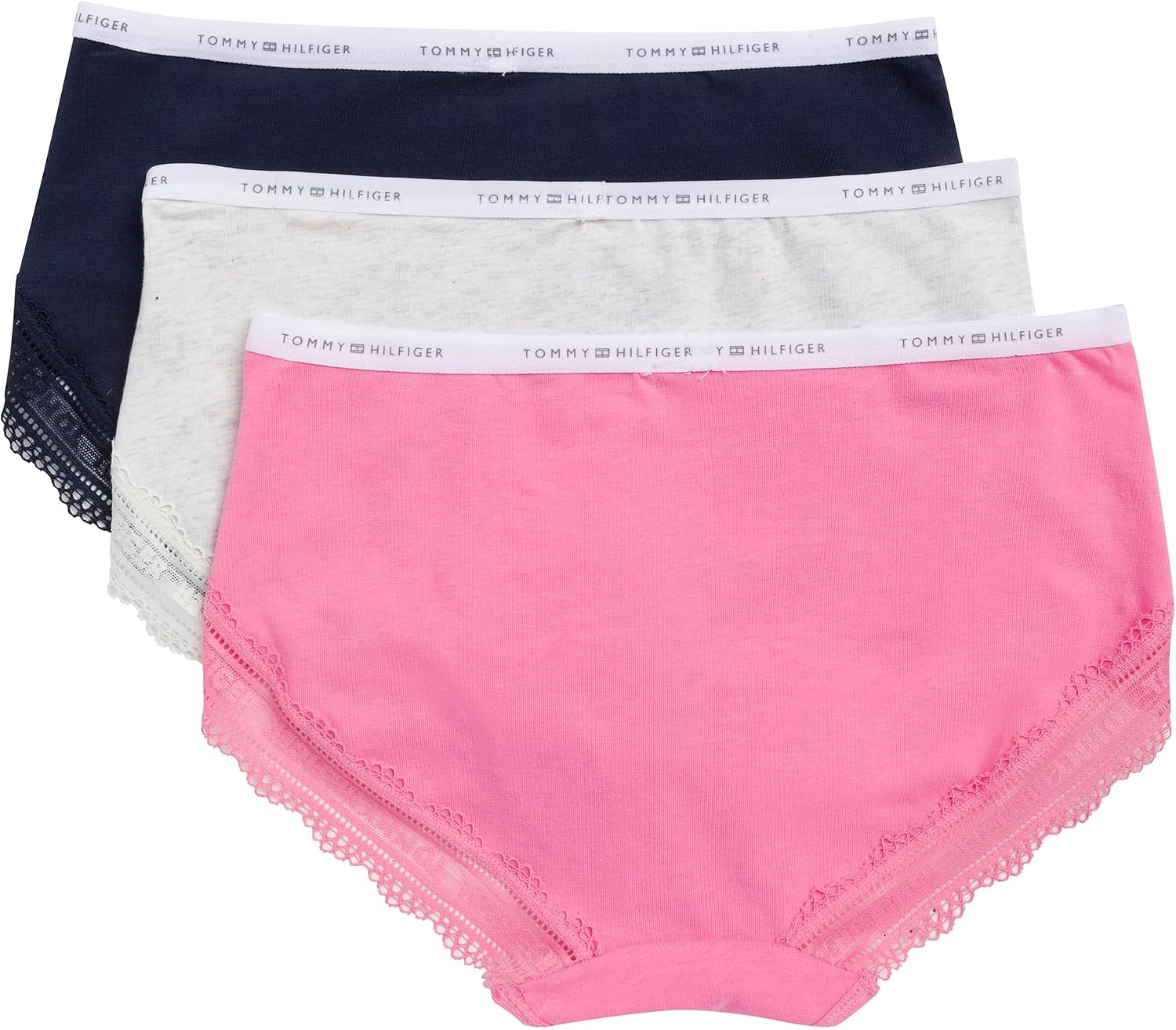 image:imageTommy Hilfiger Womens Cotton Logo Waistband Lace Trim Hipster 3packMorning GloryHeather GreySky Captain