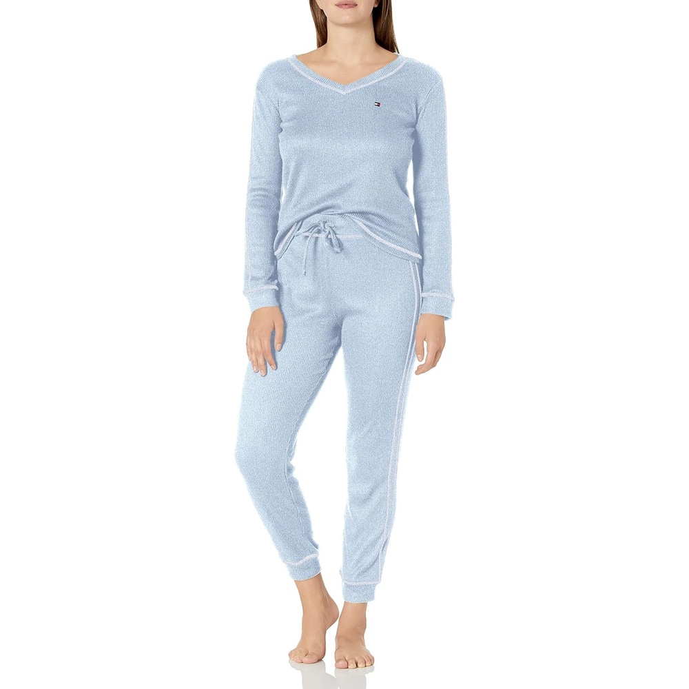 image:imageTommy Hilfiger Adaptive Womens Waffleknit Long Sleeve Jogger Pajama SetChambray Heather