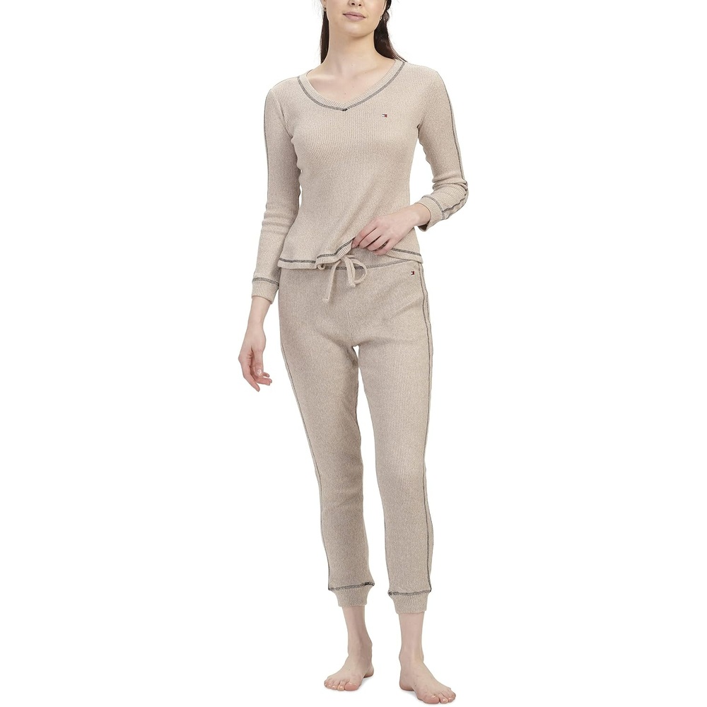 image:imageTommy Hilfiger Adaptive Womens Waffleknit Long Sleeve Jogger Pajama SetHeather Oatmeal