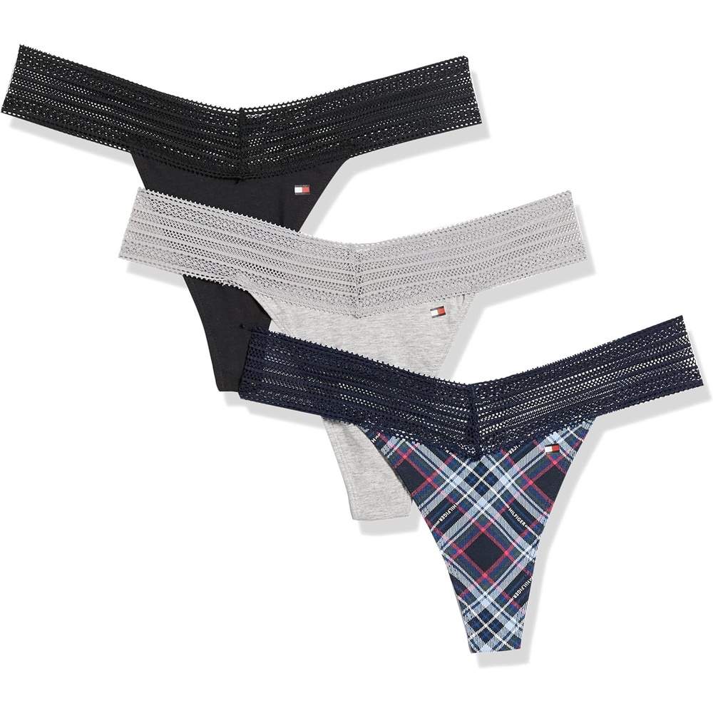 image:imageTommy Hilfiger Adaptive Womens Womens Cotton Lace Thong Underwear Panties 3packLg Tartan Navy Blue