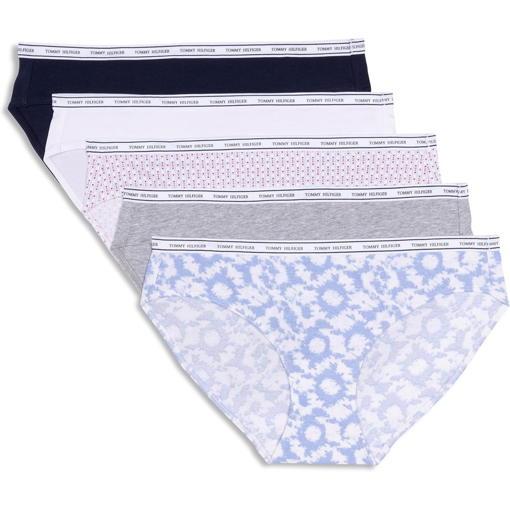 image:imageTommy Hilfiger Womens Classic Cotton Bikini Underwear With Logo Waistband 5packRound Tie Dye Brunerra BlueHeather GreyTh Stacked Geo Bright WhiteBright WhiteNavy Blazer