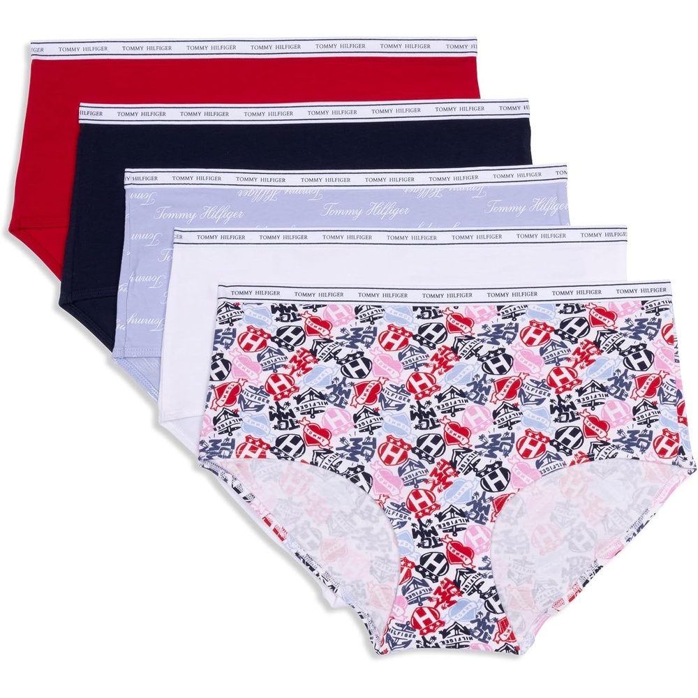 image:imageTommy Hilfiger Womens Classic Cotton Brief Underwear With Logo Waistband 5packTattoo Elements Bright WhiteBright WhiteBrunerra Blue Th CalligraphyHeather GreyApple Red