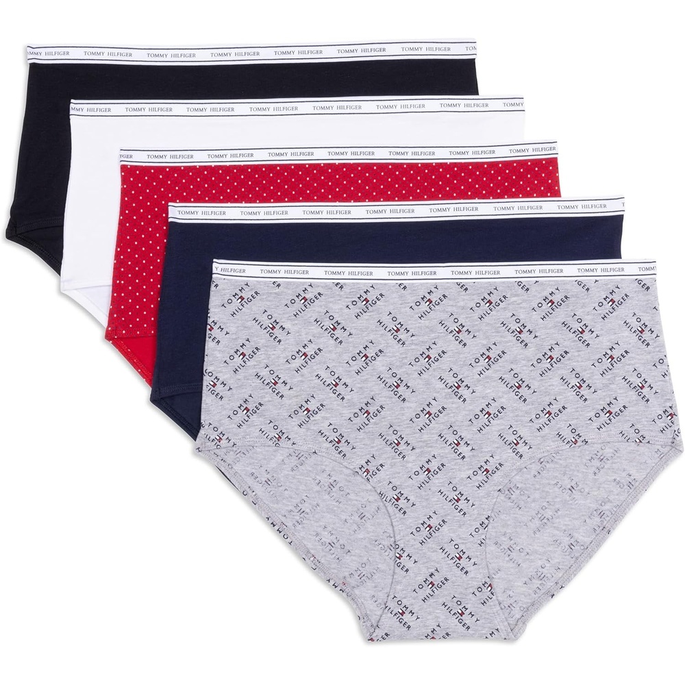 image:imageTommy Hilfiger Womens Classic Cotton Brief Underwear With Logo Waistband 5packTh Flag Stack Heather GreyNavy BlazerSuper Mini Dots Apple RedBright WhiteBlack