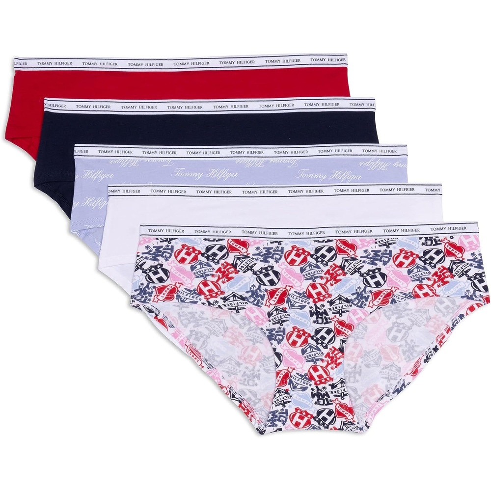 image:imageTommy Hilfiger Womens Classic Cotton Hipster Underwear With Logo Waistband 5packTattoo Elements Bright WhiteBright WhiteBrunerra Blue Th CalligraphyHeather GreyApple Red
