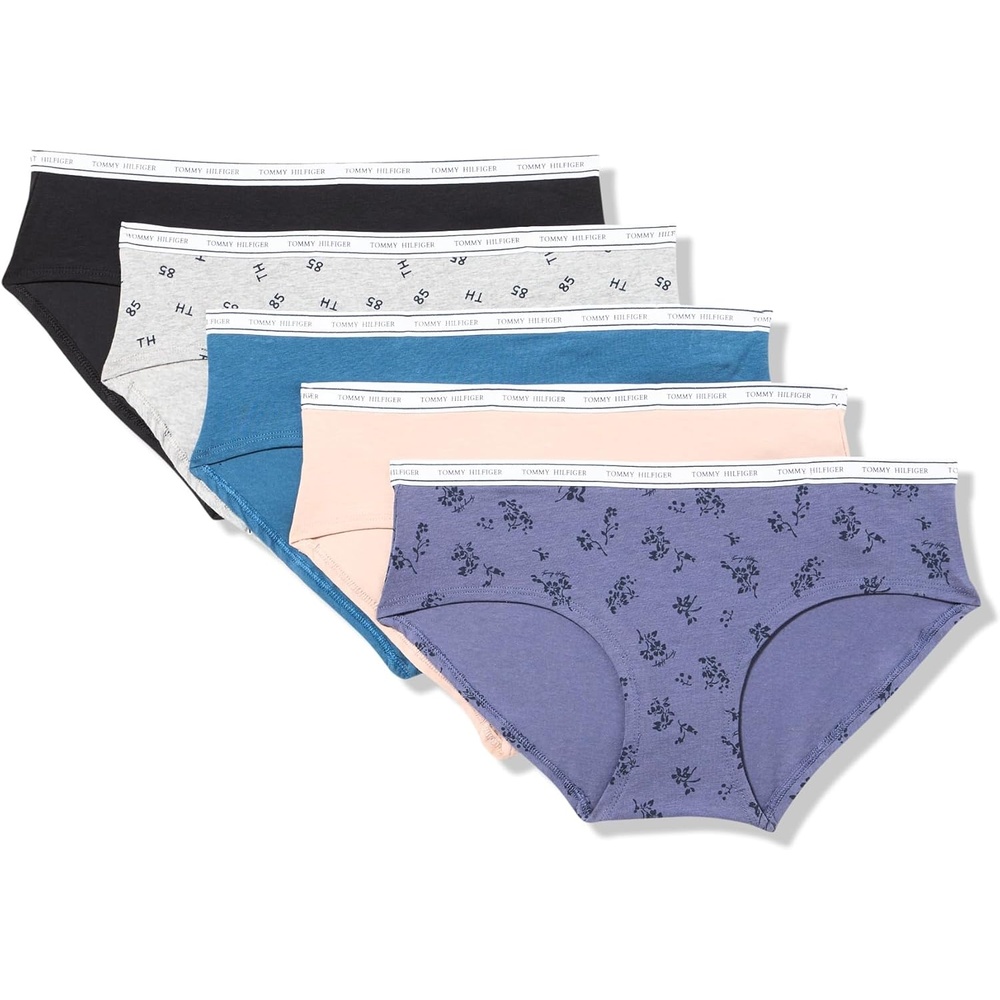 image:imageTommy Hilfiger Womens Classic Cotton Hipster Underwear With Logo Waistband 5packTossed Th Heather GreyBlackAlfalfa BlueBalanced BeigeMonochrome Floral Crown Blue