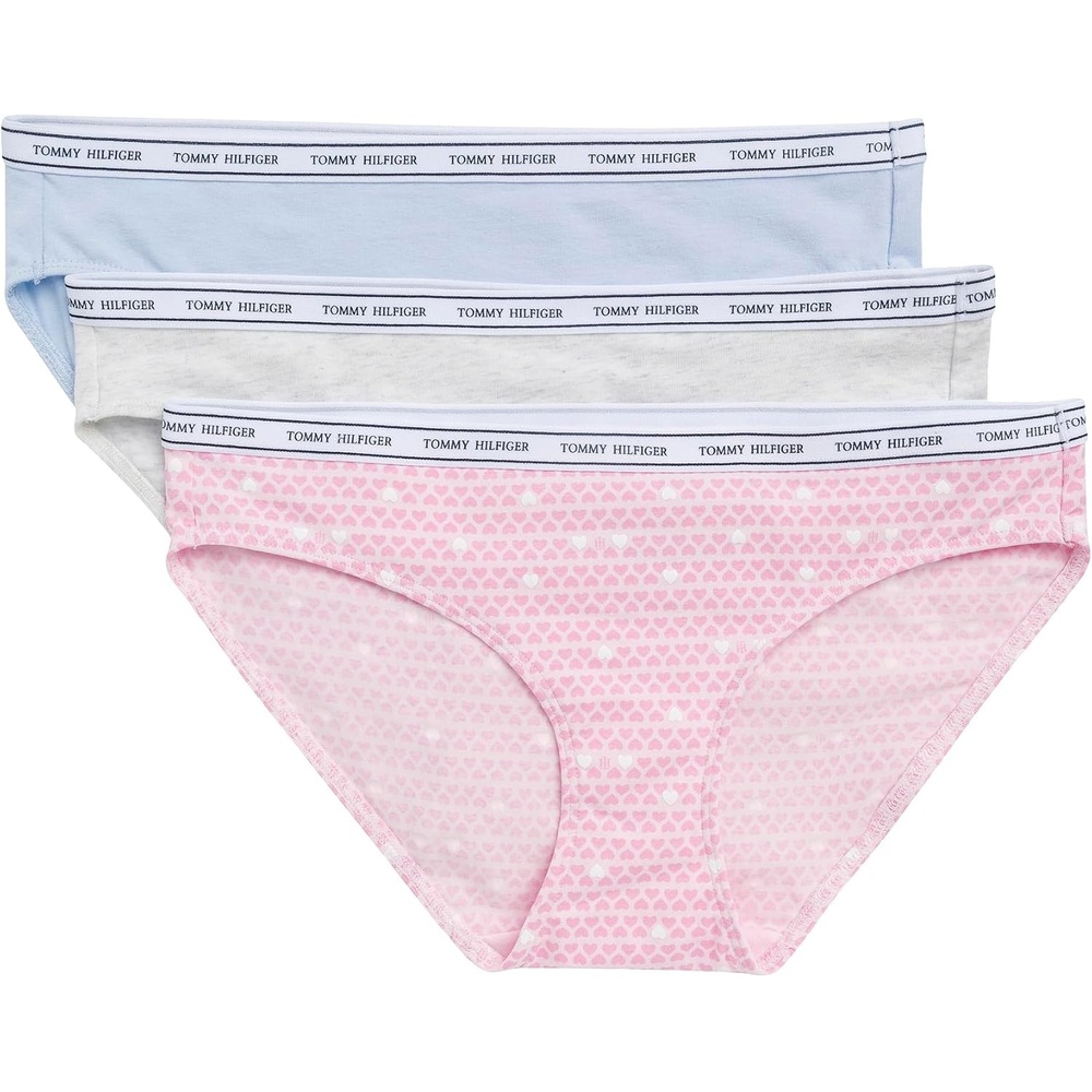 image:imageTommy Hilfiger Womens Classic Cotton Logoband Bikini 3packMini Twin Row Contrast Hearts Cherry BlossomLight Heather GreySweet Blue