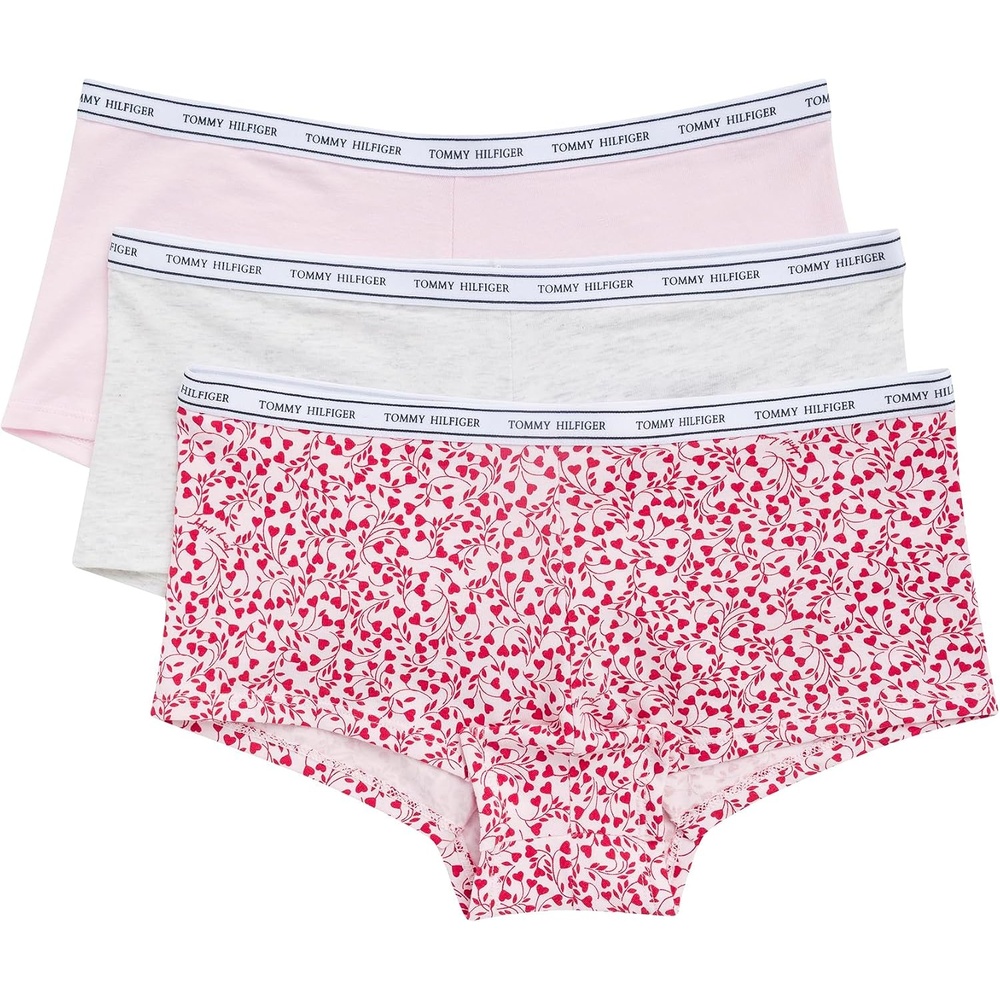 image:imageTommy Hilfiger Womens Classic Cotton Logoband Boyshort 3packTiny Tommy Hearts Cherry BlossomLight Heather GreyCherry Blossom