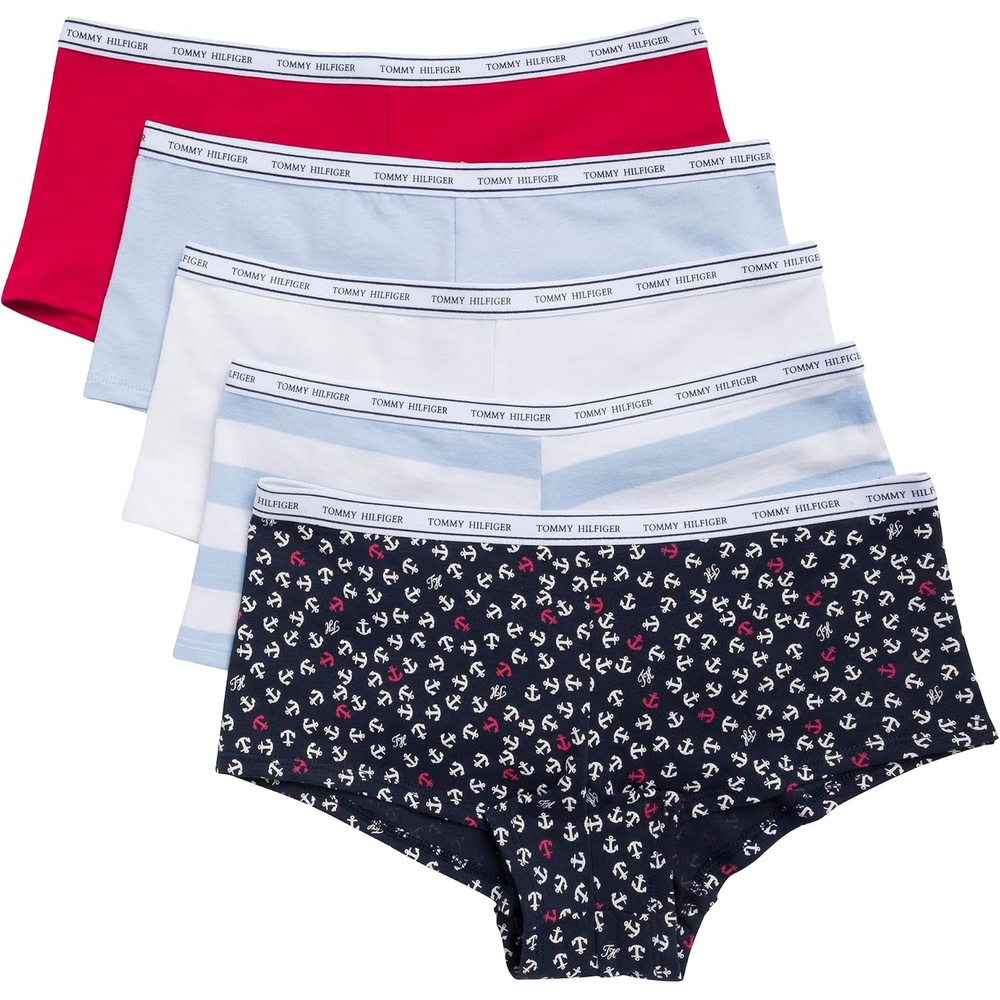 image:imageTommy Hilfiger Womens Classic Cotton Logoband Boyshort 5packMini Anchors PrintTango RedBright WhiteSweet BlueSweet Blue Stripe