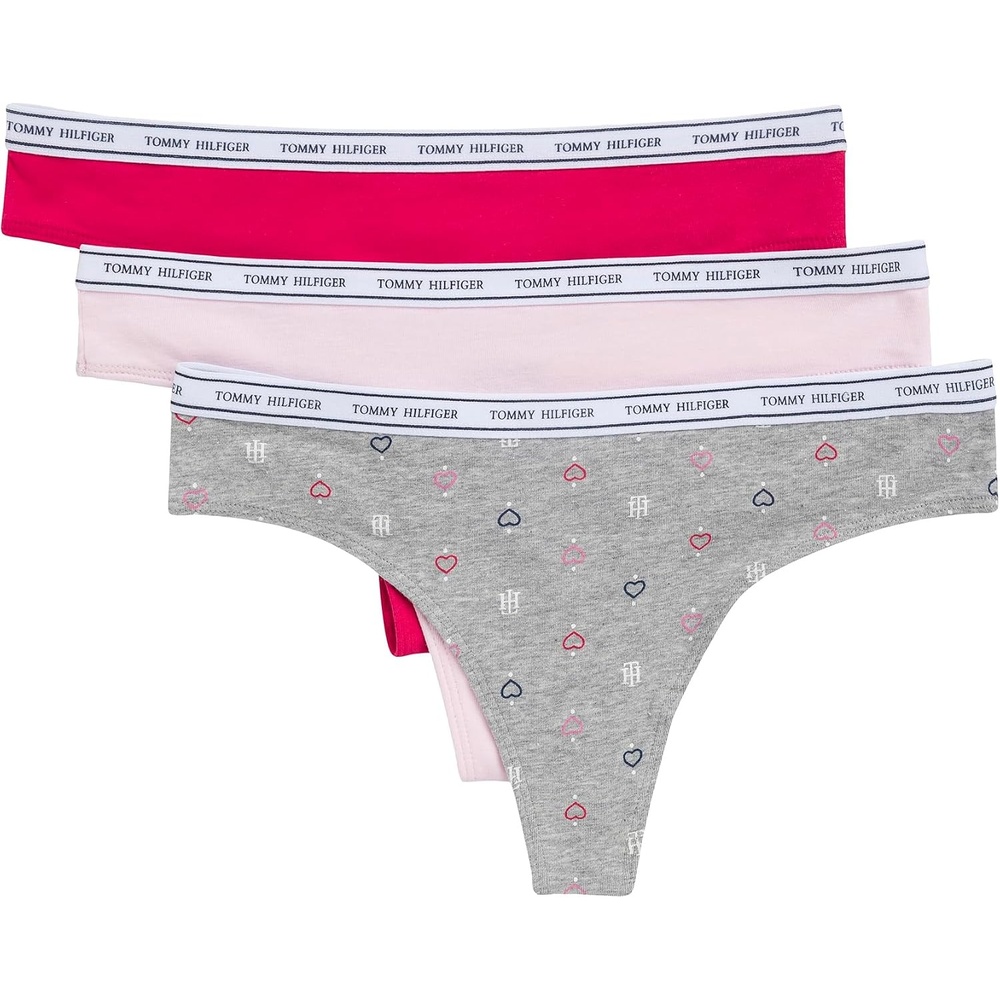 image:imageTommy Hilfiger Womens Classic Cotton Logoband Thong 3packTh Glyph Heart Drops Heather GreyCherry BlossomBarberry