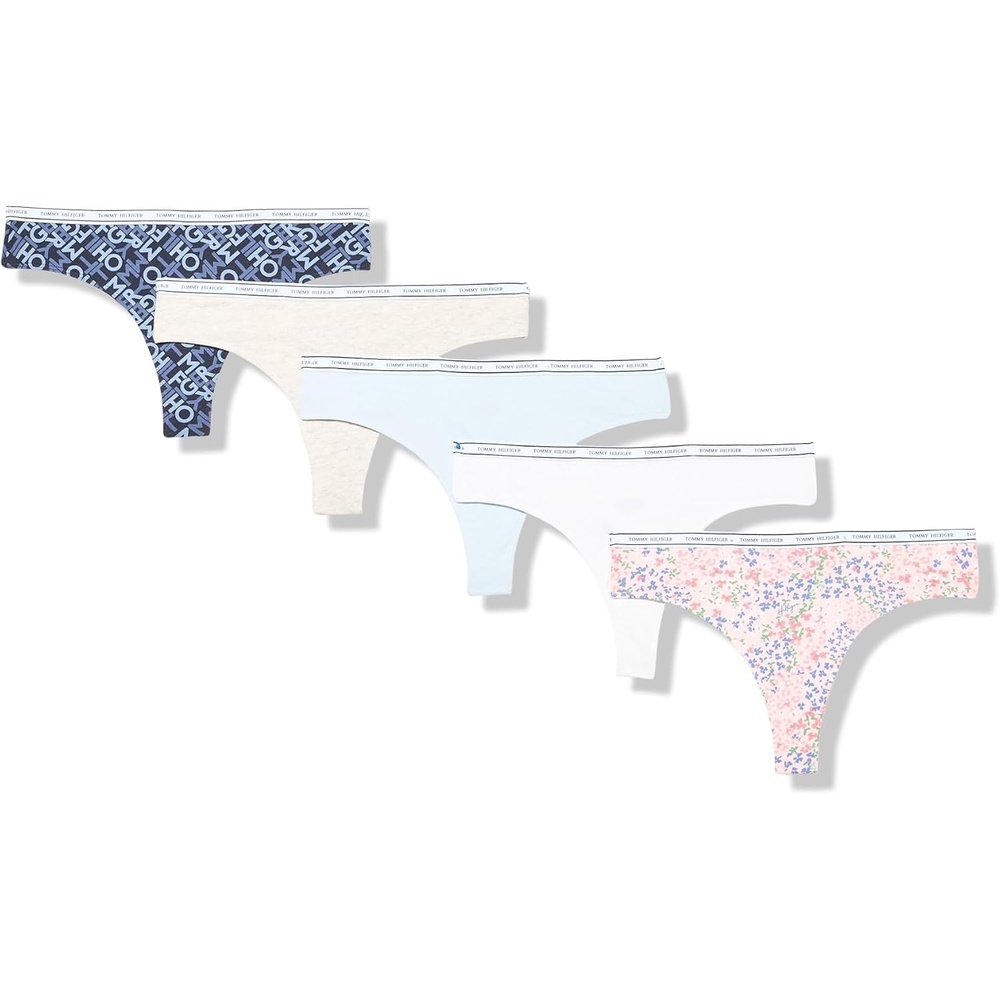 image:imageTommy Hilfiger Womens Classic Cotton Logoband Thong 5 PackFlyaway Floral Blushing Bride Icy PinkIce Grey HeatherLuminous BlueBright WhiteBoxed Name Letters Sky Captain