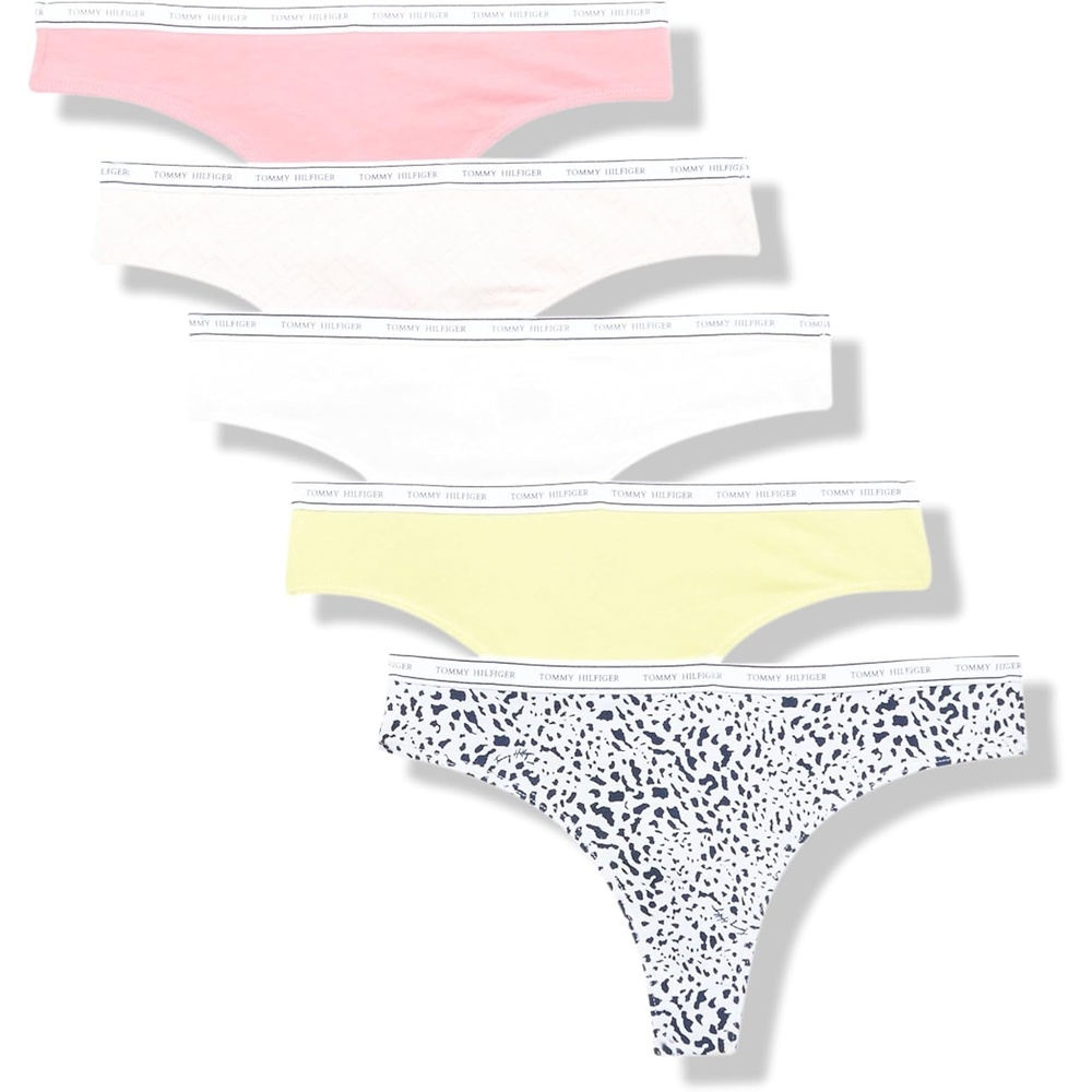 image:imageTommy Hilfiger Womens Classic Cotton Logoband Thong 5 PackRound Daisy Springs W Logo Ice Heather GreySunny LimeBright WhiteStrawberry PinkPerforated Flag Airy Pink