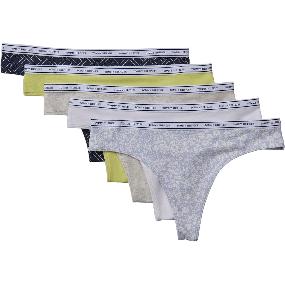 image:imageTommy Hilfiger Womens Classic Cotton Logoband Thong 5 PackSky CaptainLimeHeather GreyWhiteWildflower Ditsy