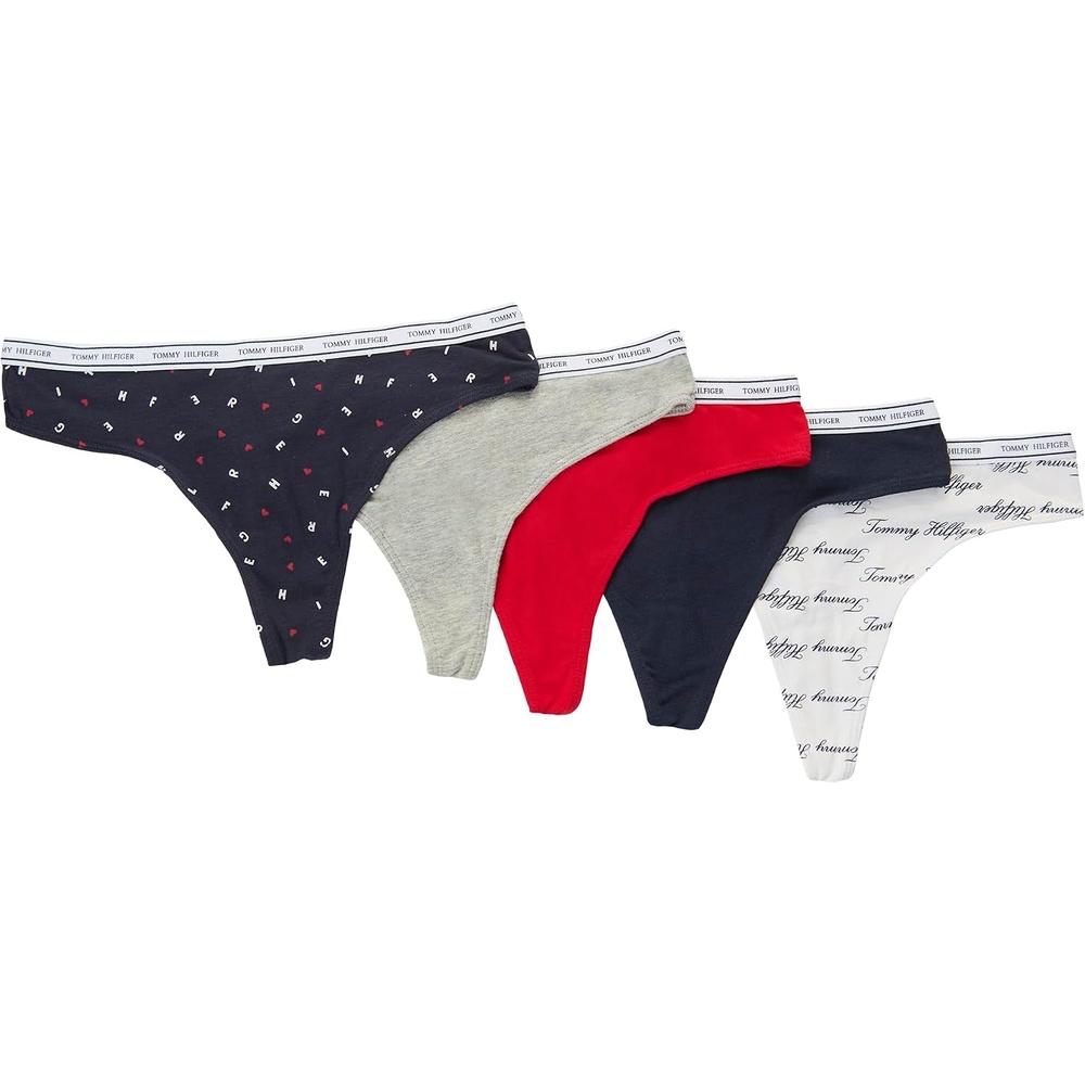 image:imageTommy Hilfiger Womens Classic Cotton Logoband Thong 5 PackTh  Heartstoss BrghtwhiteHthrgryTngoredSkycaptThcalli