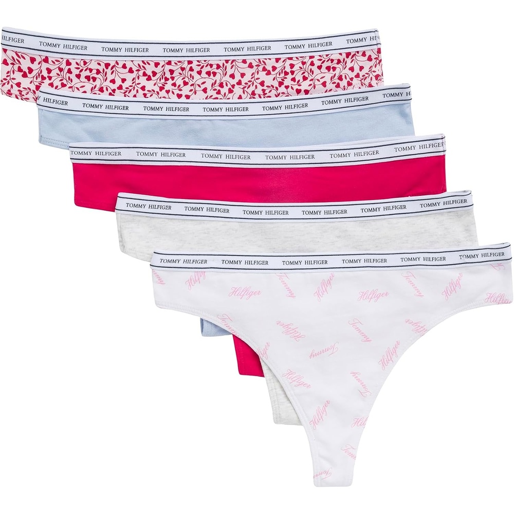 image:imageTommy Hilfiger Womens Classic Cotton Logoband Thong 5packTh Calligraphy WhiteLight Heather GreySweet BlueBarberryTiny Tommy Hearts Cherry Blossom