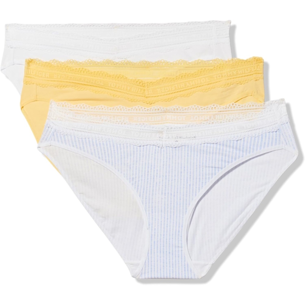 image:imageTommy Hilfiger Womens Cotton Logo Lace Trim Bikini 3packSeersucker PrintBright WhiteSunshine