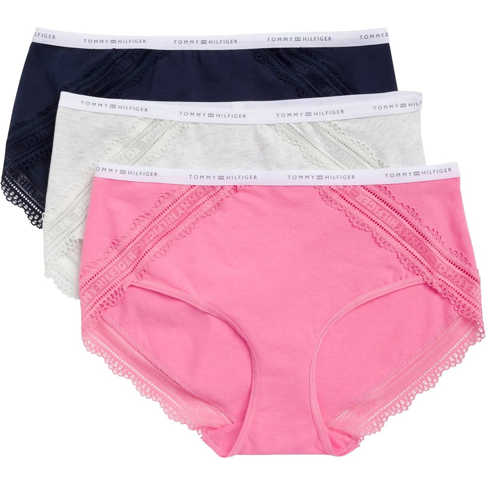image:imageTommy Hilfiger Womens Cotton Logo Waistband Lace Trim Hipster 3packMorning GloryHeather GreySky Captain