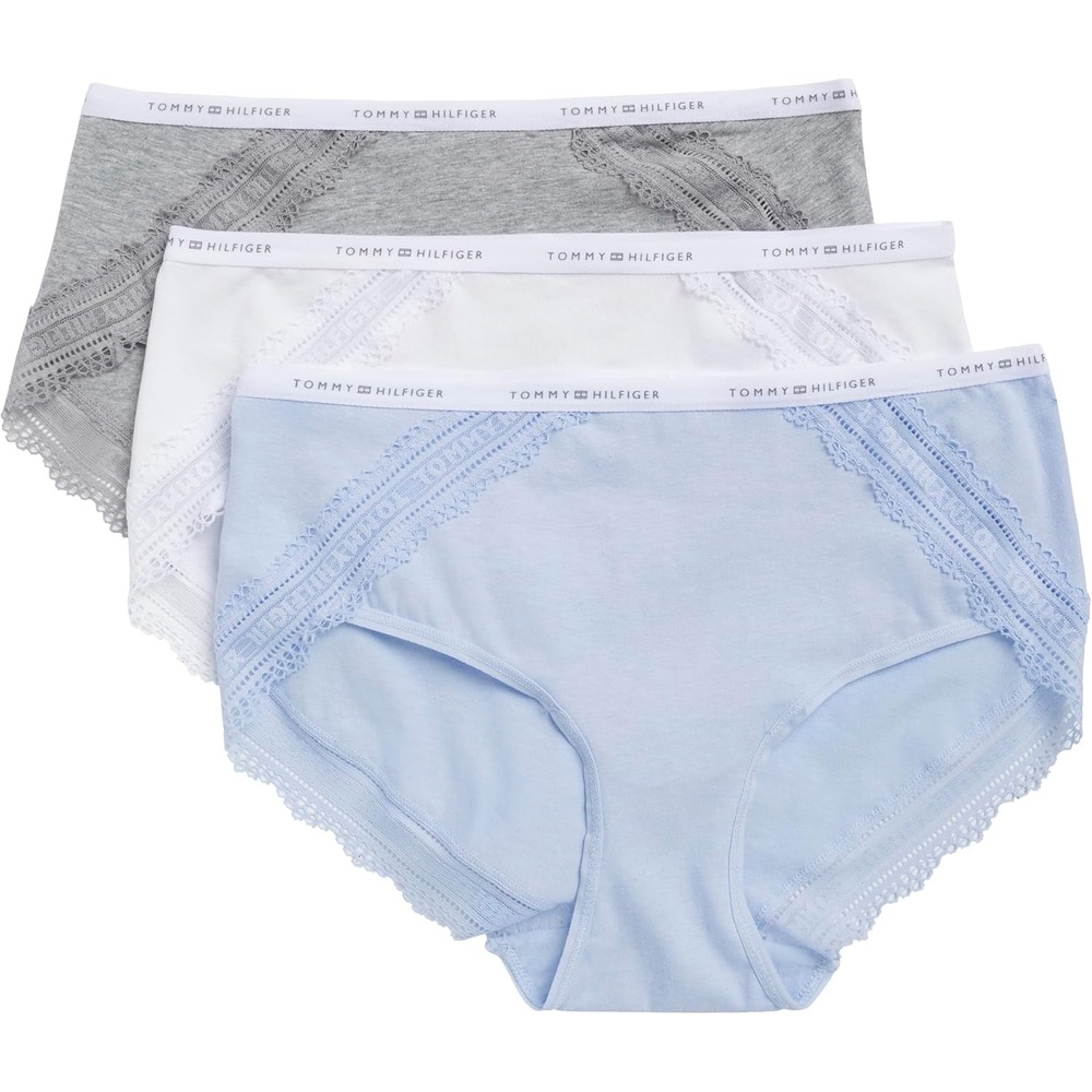 image:imageTommy Hilfiger Womens Cotton Logo Waistband Lace Trim Hipster 3packSweet BlueBright WhiteHeather Grey