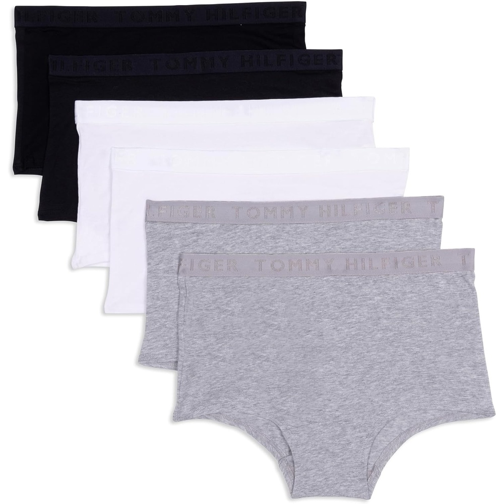 image:imageTommy Hilfiger Womens Logo Waistband Cotton Boyshort 6 PackHeather GreyBright WhiteBlack
