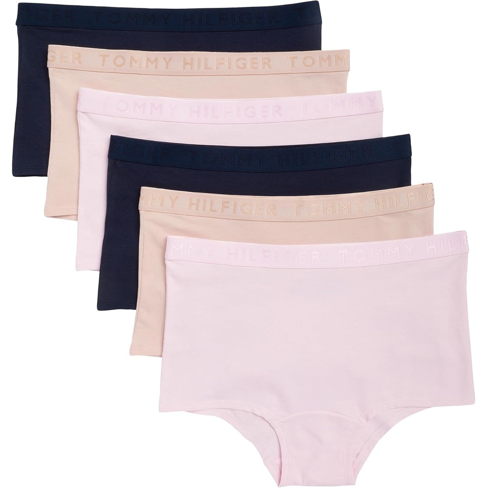 image:imageTommy Hilfiger Womens Logo Waistband Cotton Boyshort 6 PackPinkBeigeNavy