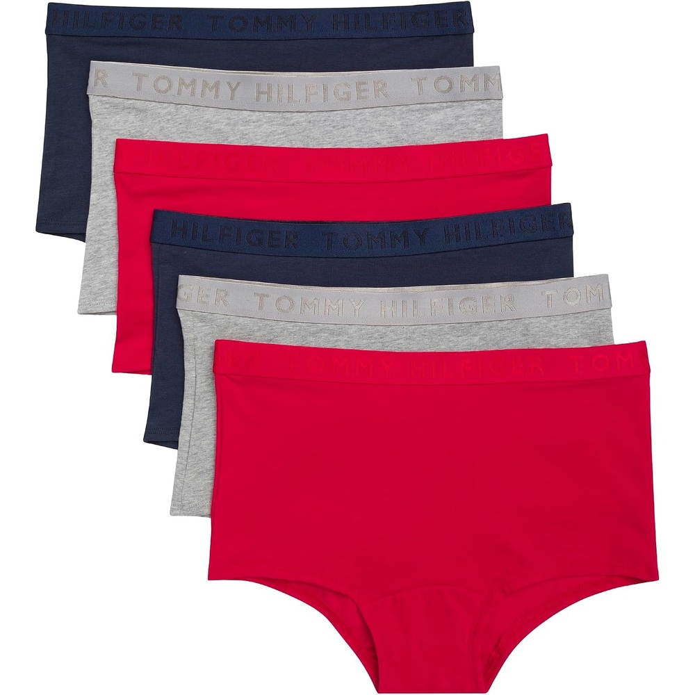 image:imageTommy Hilfiger Womens Logo Waistband Cotton Boyshort 6 PackTango RedHeather GreySky Captain