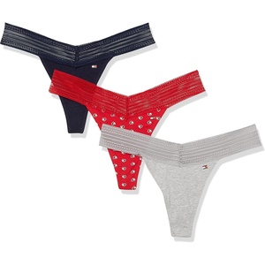 Tommy Hilfiger Adaptive Women’s Womens Cotton Lace Thong Underwear Panties, 3-pack(Heart Flag Ar)