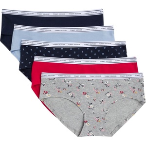 Tommy Hilfiger Women’s Classic Cotton Hipster Underwear With Logo Waistband 5-pack(Allover Tommy Hilfiger Multi Sky Captain/Forever Blue/Sky Captain/Tango Red/Heritage Floral Heather Grey)