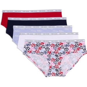 Tommy Hilfiger Women’s Classic Cotton Hipster Underwear With Logo Waistband 5-pack(Tattoo Elements Bright White/Bright White/Brunerra Blue Th Calligraphy/Heather Grey/Apple Red)