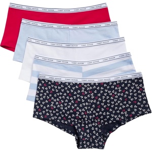 Tommy Hilfiger Women’s Classic Cotton Logoband Boyshort 5-pack(Mini Anchors Print/Tango Red/Bright White/Sweet Blue/Sweet Blue Stripe)