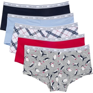 Tommy Hilfiger Women’s Classic Cotton Logoband Boyshort 5-pack(Penguins & Logo Toss Heather Grey/Jester Red/Sky Captain/Open Air/Glyph Diagonal Tartan White)