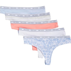 Tommy Hilfiger Women’s Classic Cotton Logoband Thong, 5 Pack(Harbor/Bright White/Desert Flower/Sweet Blue/Heather Grey Stripe)