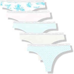 Tommy Hilfiger Women’s Classic Cotton Logoband Thong, 5 Pack(Hibiscus Sunset Bright White/Ice Grey Heather/Blushing Bride/Clearwater/Perforated Flag Tidewater)