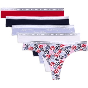 Tommy Hilfiger Women’s Classic Cotton Thong Underwear With Logo Waistband 5-pack(Tattoo Elements Bright White/Bright White/Brunerra Blue Th Calligraphy/Heather Grey/Apple Red)