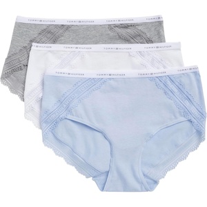 Tommy Hilfiger Women’s Cotton Logo Waistband Lace Trim Hipster 3-pack(Sweet Blue/Bright White/Heather Grey)