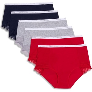 Tommy Hilfiger Women’s Logo Waistband Lace Trim Cotton Brief 6 Pack(Tango Red/Heather Grey/Sky Captain)