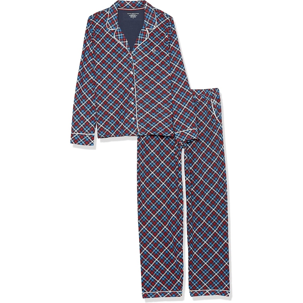 image:imageTommy Hilfiger Womens Long Sleeve Girlfriend Sleep Pajama Set PjTh Stover Check Navy Blazer Apple Red
