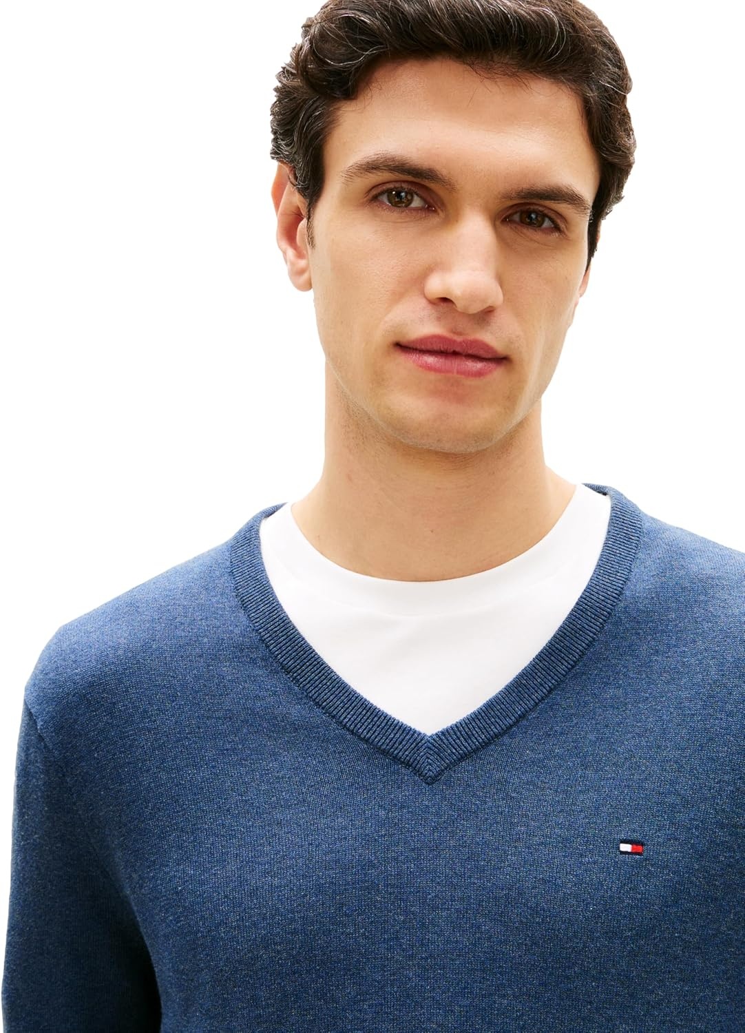 image:imageTommy Hilfiger Mens Cotton Solid V Neck Sweater Lightweight PulloverAegean Sea Heather