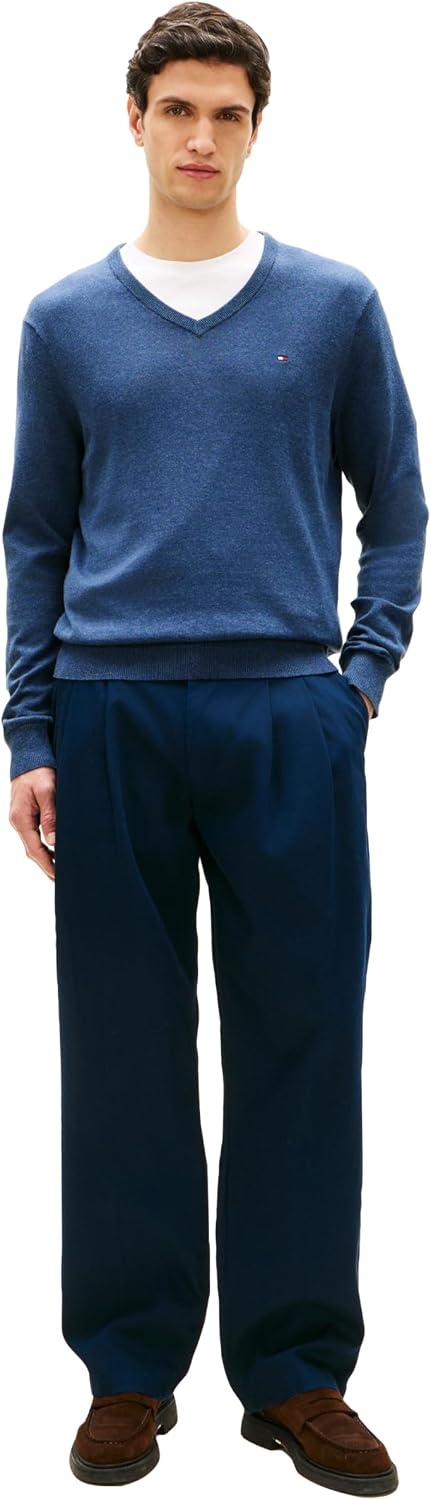 image:imageTommy Hilfiger Mens Cotton Solid V Neck Sweater Lightweight PulloverAegean Sea Heather