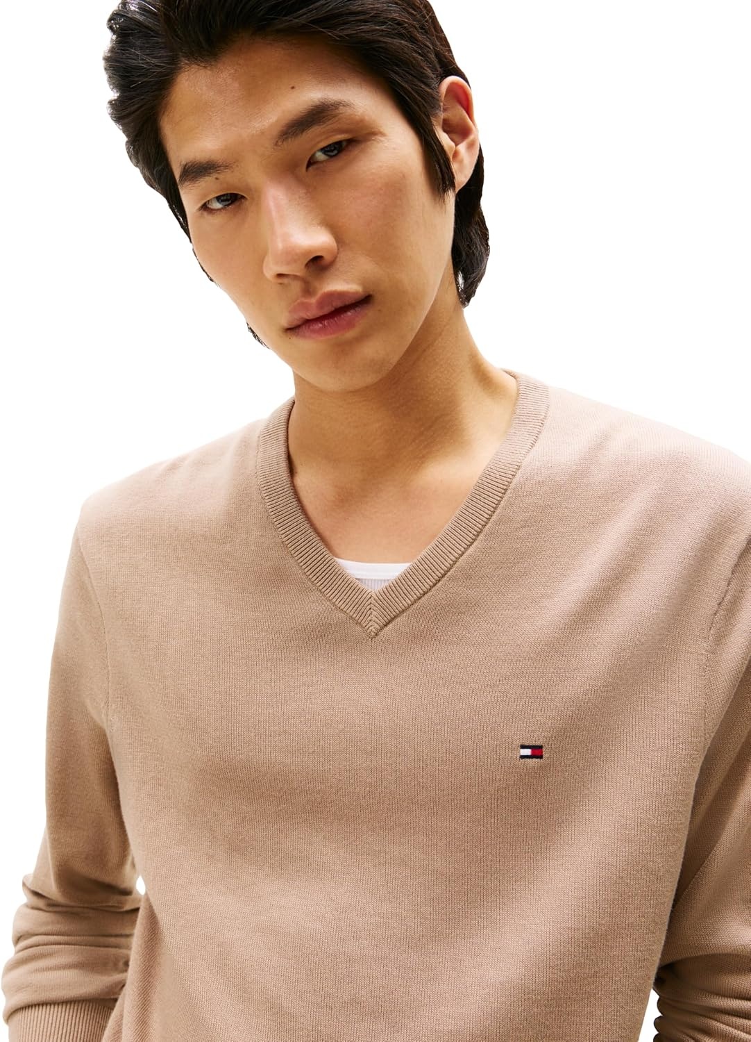 image:imageTommy Hilfiger Mens Cotton Solid V Neck Sweater Lightweight PulloverCoastal Taupe