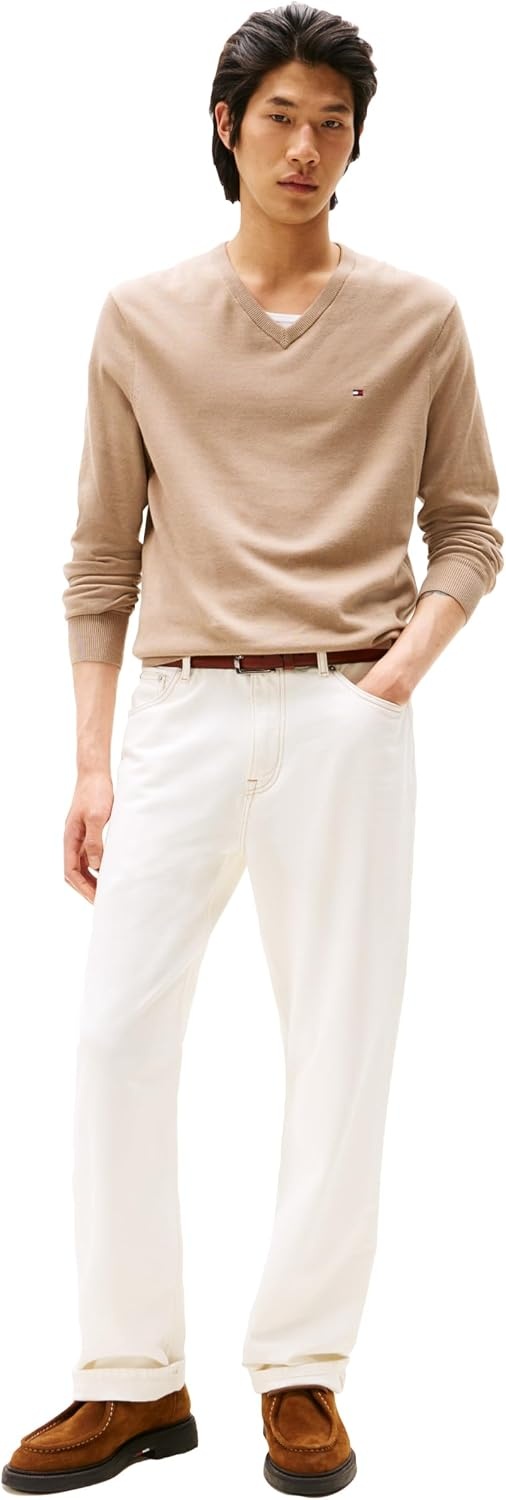 image:imageTommy Hilfiger Mens Cotton Solid V Neck Sweater Lightweight PulloverCoastal Taupe