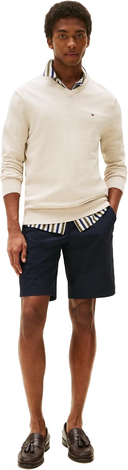image:imageTommy Hilfiger Mens Cotton Solid V Neck Sweater Lightweight PulloverHeathered Oatmilk