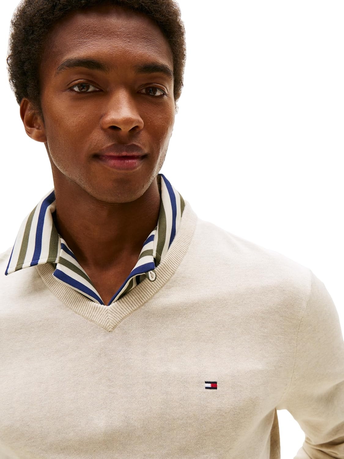 image:imageTommy Hilfiger Mens Cotton Solid V Neck Sweater Lightweight PulloverHeathered Oatmilk