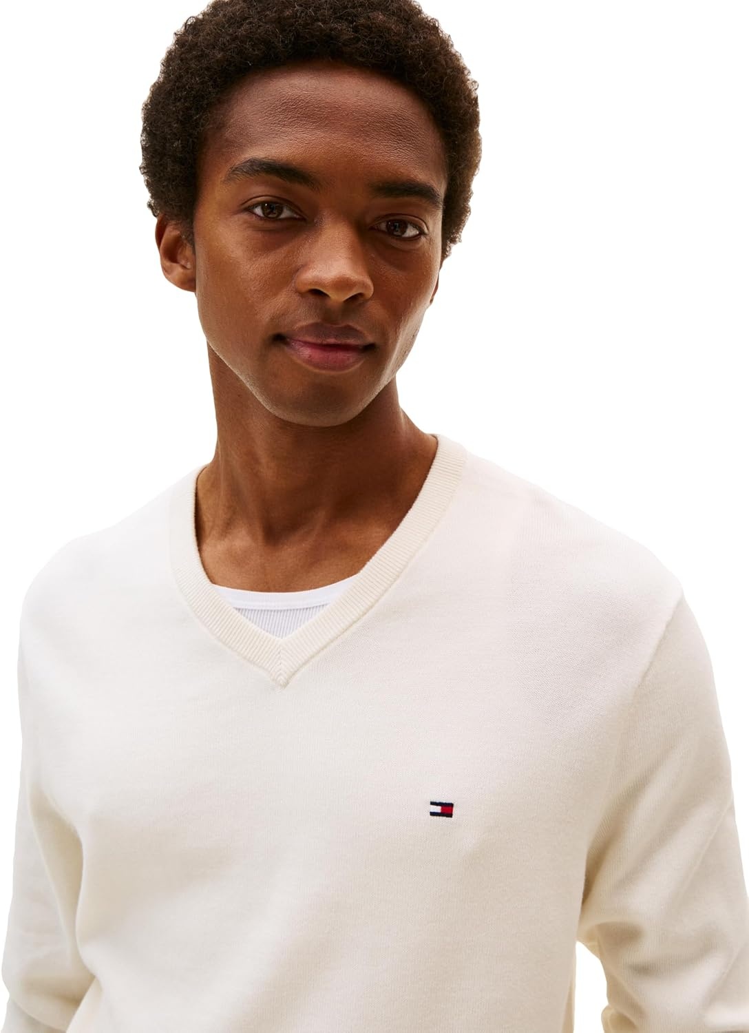 image:imageTommy Hilfiger Mens Cotton Solid V Neck Sweater Lightweight PulloverIvory Petal