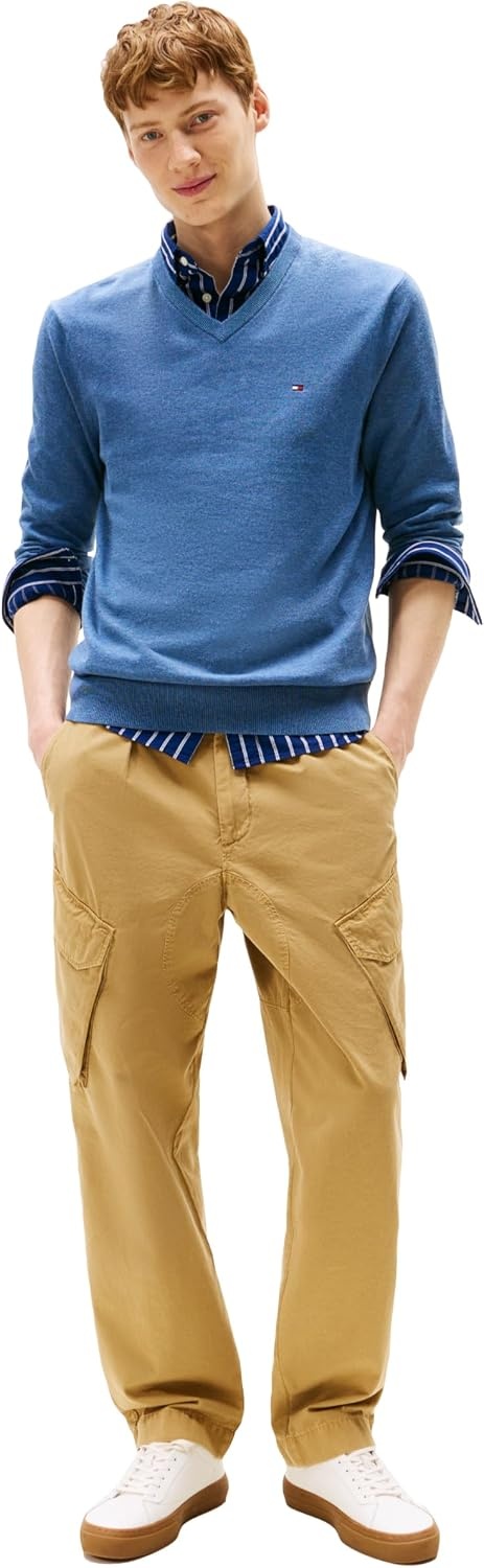 image:imageTommy Hilfiger Mens Cotton Solid V Neck Sweater Lightweight PulloverPetrol Blue Heather